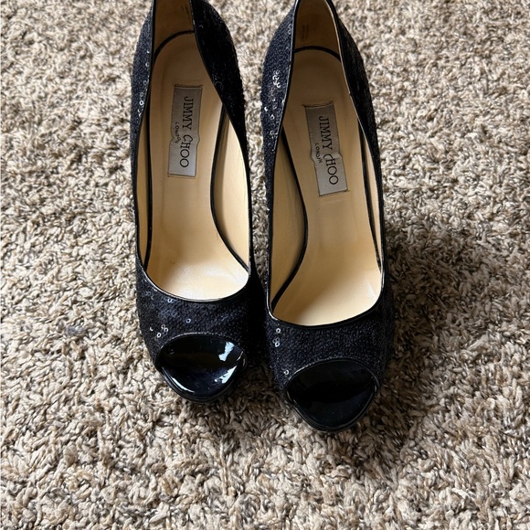 Jimmy Choo Glitter Black Peep Toe Heels - Picture 1 of 2